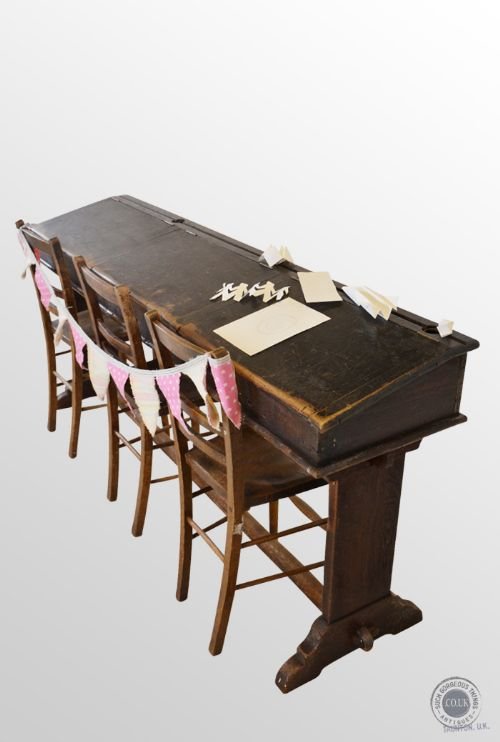 Antique Oak Triple School Desk Full Size & English Elm Chairs Victorian C1890