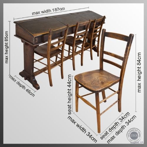 fig 1. Antique Oak Triple School Desk Full Size & English Elm Chairs Victorian c1890