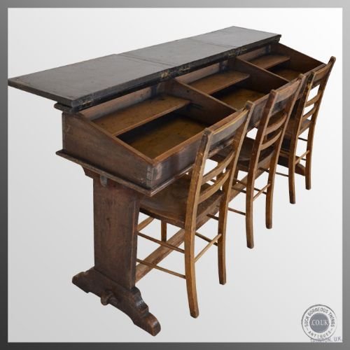 fig 3. Antique Oak Triple School Desk Full Size & English Elm Chairs Victorian c1890