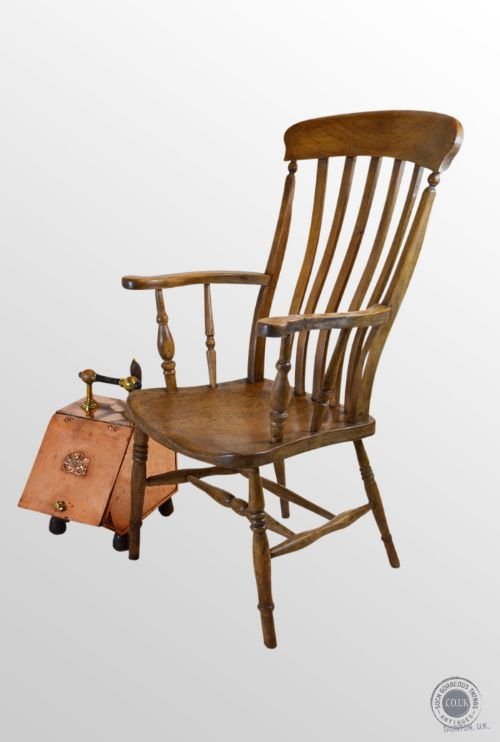 Antique Windsor Lath Back Chair Victorian Country Oak & Elm Stick Armchair C1880