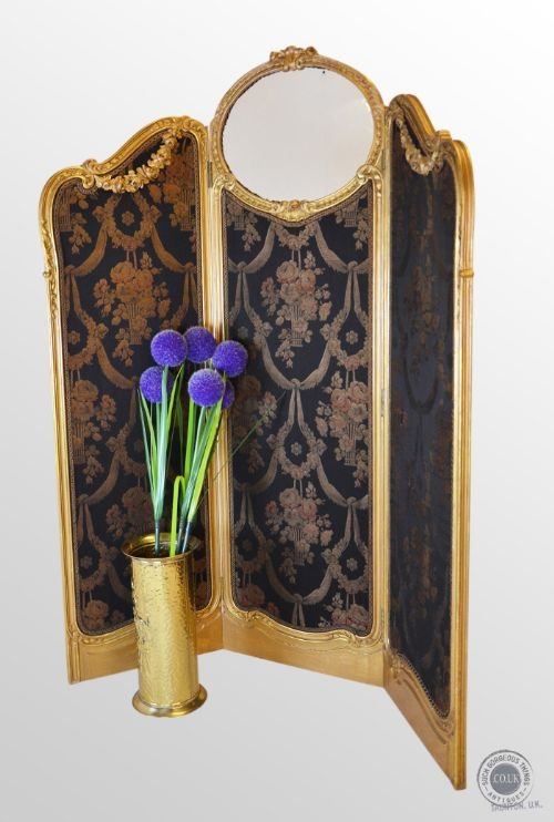 Antique Gilt Screen Folding French Period Triple Fold Panel Room Divider C1850