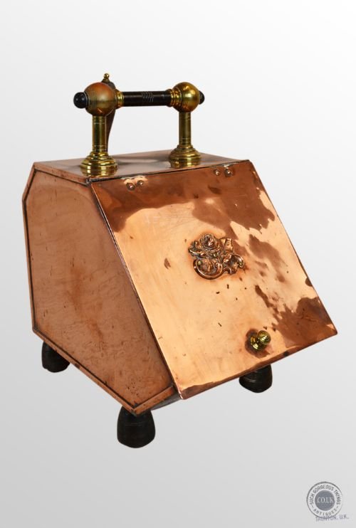 Antique Copper Coal Box Fireside Victorian Log Bin Purdonium & Shovel - C1860