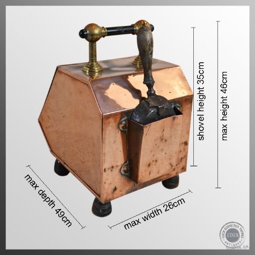 fig 1. Antique Copper Coal Box Fireside Victorian Log Bin Purdonium & Shovel - c1860