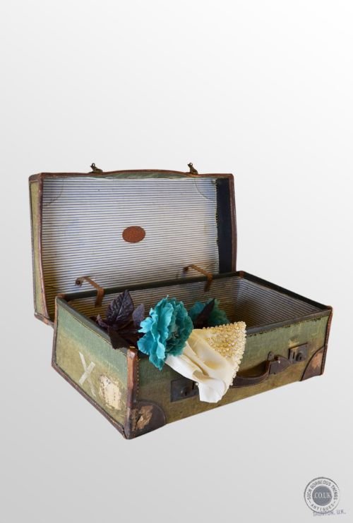 Vintage Leather Bound Suitcase Travel Luggage Case English Canvas C1920