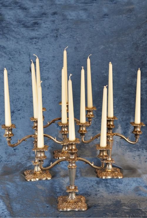 Candelabra Set of Four Silver Plated Triple Candle Sticks English Edwardian