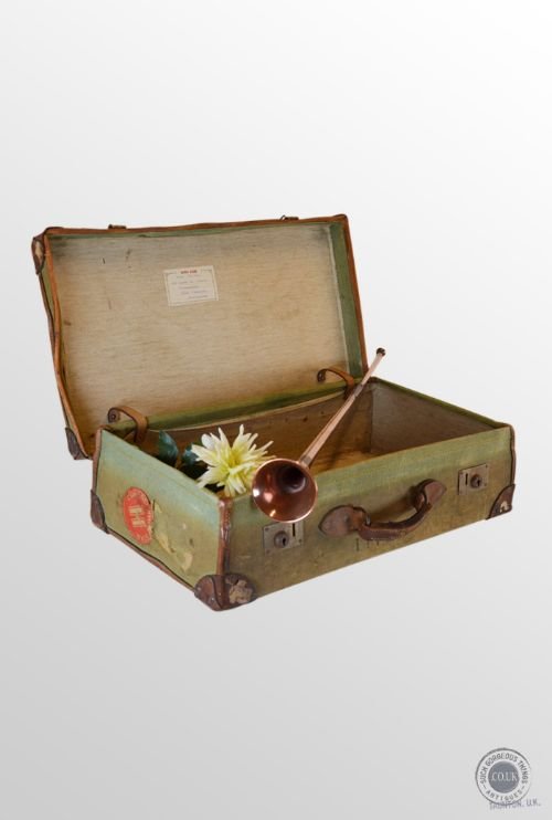 Vintage Leather Bound Suitcase Travel Luggage Case English Canvas C1920