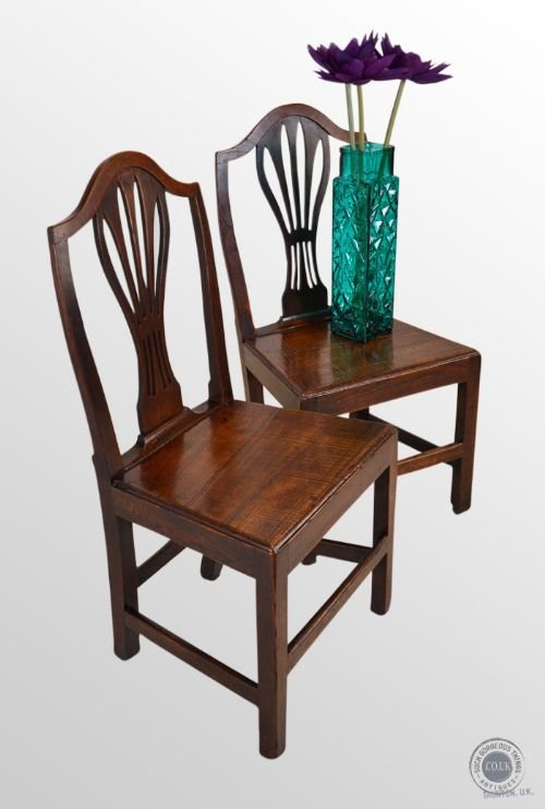 Antique Pair English Georgian Oak Chairs Hepplewhite Camel Back C1790