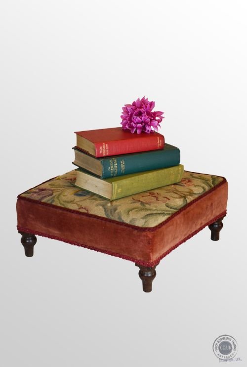 Antique Footstool Gout Stool Tapestry Needlepoint Upholstered Foot Rest C1870