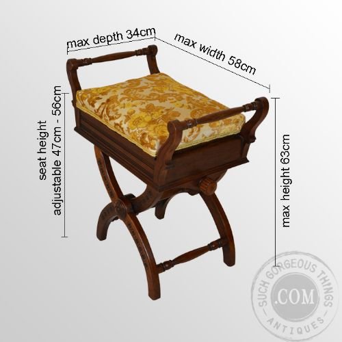 fig 1. Antique Walnut Piano Music Dressing Stool Seat Height Adjustable X-Frame c1870