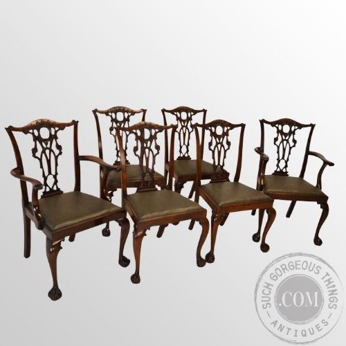 fig 3. Antique Set 6 Six Victorian Revival Chippendale Dining Chairs With Carvers c1880
