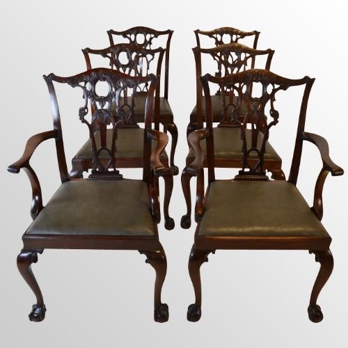 Antique Set 6 Six Victorian Revival Chippendale Dining Chairs with Carvers C1880