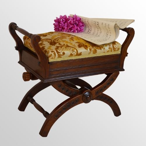 Antique Walnut Piano Music Dressing Stool Seat Height Adjustable X-frame C1870
