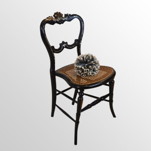 Antique Desk Side Chair Ebonised Mother of Pearl Bergere Seated Victorian C1870