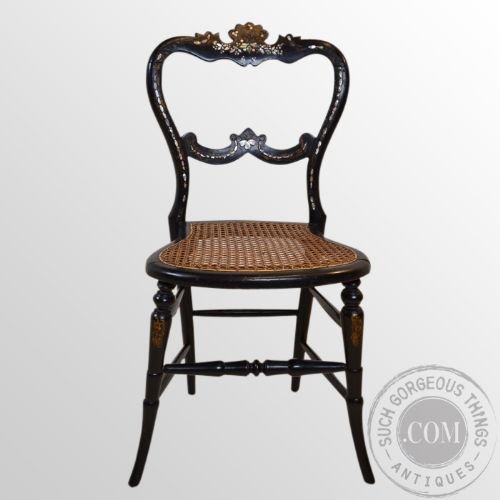 fig 2. Antique Desk Side Chair Ebonised Mother of Pearl Bergere Seated Victorian c1870