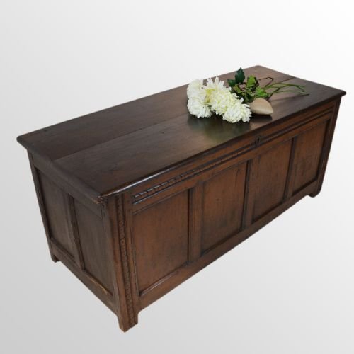 Antique Large Oak Coffer English Panel Chest Country Trunk Box C1700