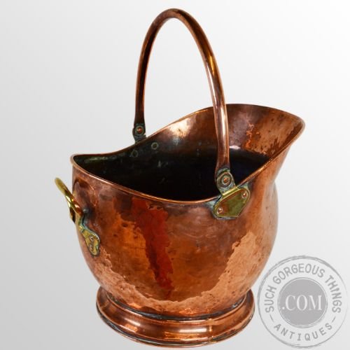 fig 2. Antique Log Bucket Coal Helmet Fire Scuttle Copper Bin Victorian English c1890