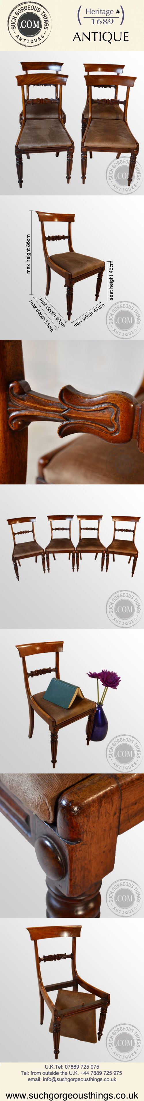 fig 4. Antique Set 4 Four Fine English Regency Reeded Leg Mahogany Dining Chairs c1835