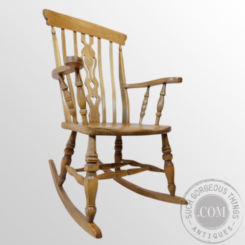 fig 2. Antique Rocking Windsor High Back Chair Country Beech Kitchen Armchair c1900