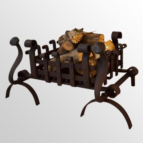 Antique Fire Grate Wrought Iron Log & Coal Basket with Pair Fire Dogs C1900