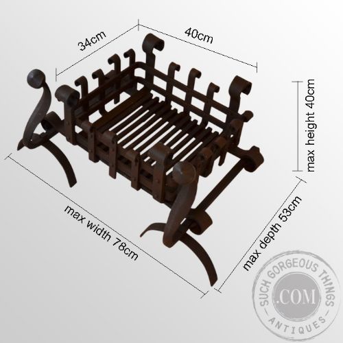 fig 1. Antique Fire Grate Wrought Iron Log & Coal Basket With Pair Fire Dogs c1900
