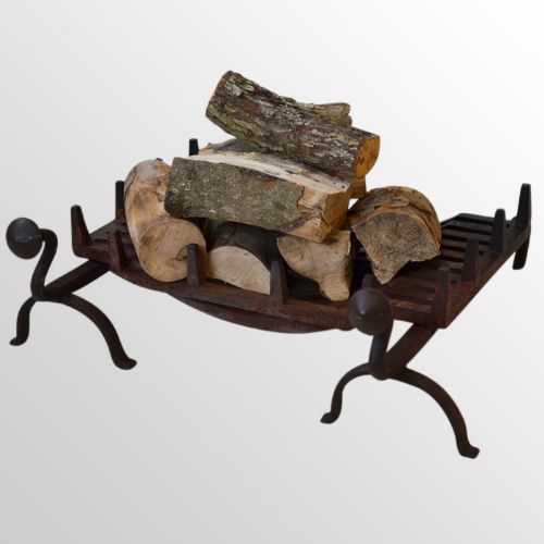 Antique Fire Grate Wrought Iron Log & Coal Basket with Pair Fire Dogs C1900