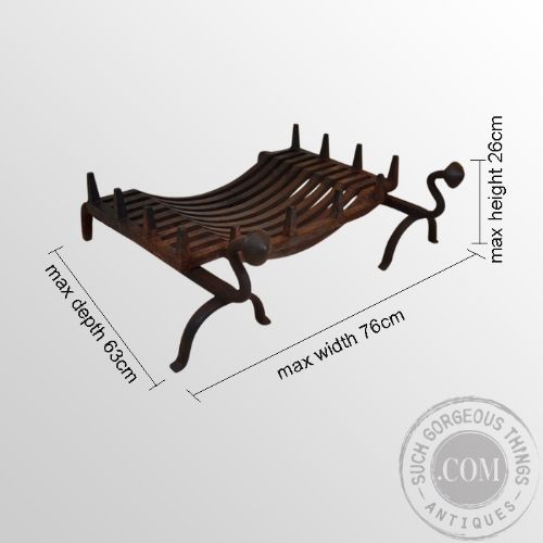 fig 1. Antique Fire Grate Wrought Iron Log & Coal Basket With Pair Fire Dogs c1900