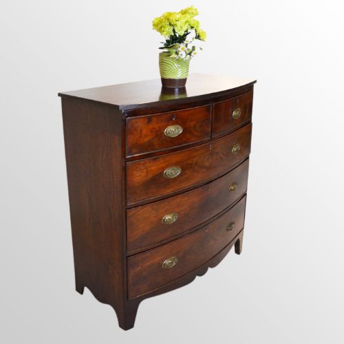 Antique Bow Fronted Chest of Five Drawers English Regency Flame Mahogany C1820