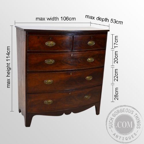 fig 1. Antique Bow Fronted Chest of Five Drawers English Regency Flame Mahogany c1820