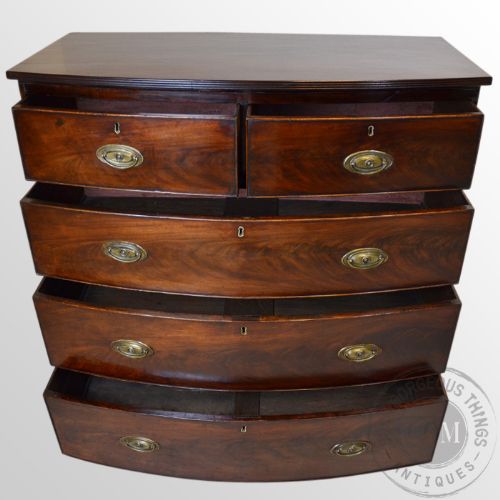 fig 2. Antique Bow Fronted Chest of Five Drawers English Regency Flame Mahogany c1820