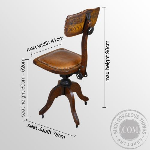 fig 1. Antique Oak Tall Architects Stool Revolving Clerks Seat Office Desk Chair c1940