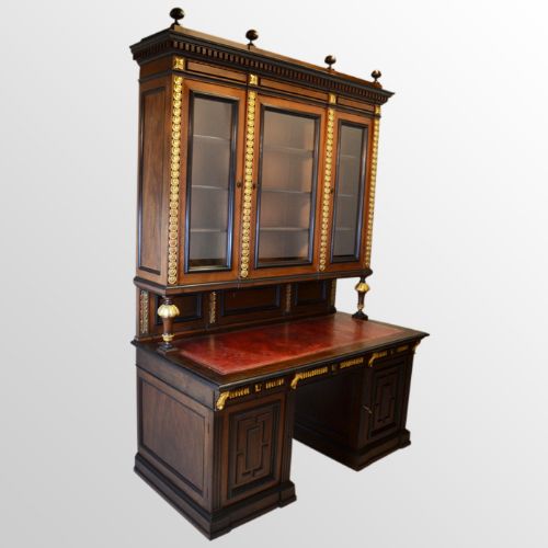 Antique Fine Solid Walnut Leatherbound Estate Desk with Bookcase Cabinet C1900