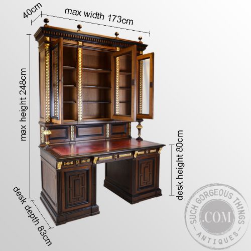 fig 1. Antique Fine Solid Walnut Leatherbound Estate Desk with Bookcase Cabinet c1900