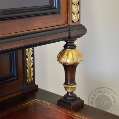 fig 2. Antique Fine Solid Walnut Leatherbound Estate Desk with Bookcase Cabinet c1900