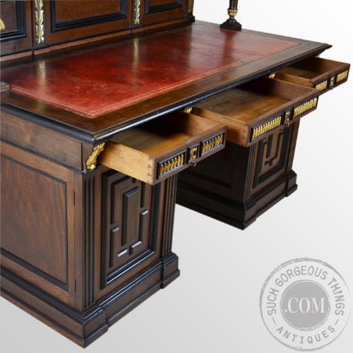 fig 3. Antique Fine Solid Walnut Leatherbound Estate Desk with Bookcase Cabinet c1900