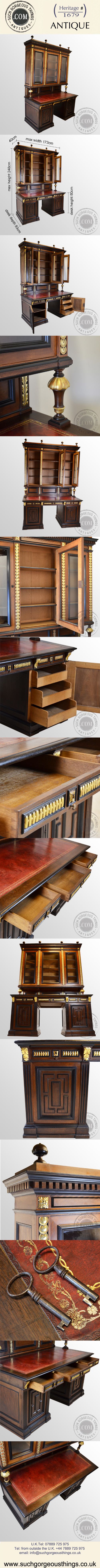 fig 4. Antique Fine Solid Walnut Leatherbound Estate Desk with Bookcase Cabinet c1900