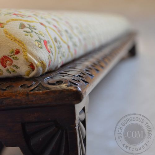 fig 2. Antique Walnut Long Low Stool Gout Footstool Upholstered Seat Fleur de Lis c1870