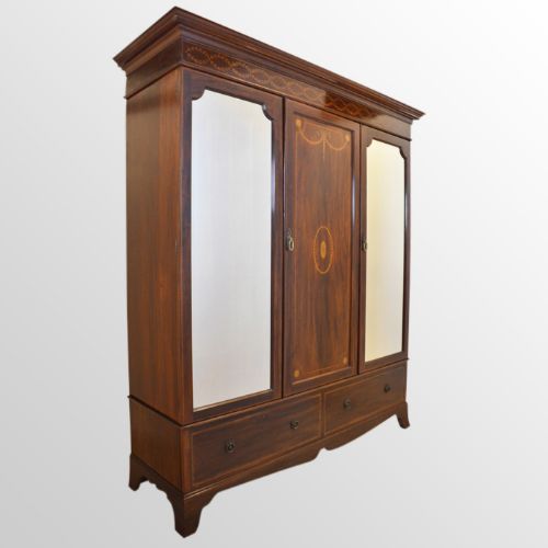 Antique Edwardian Triple Wardrobe Top Quality Oak & Mahogany English C1900