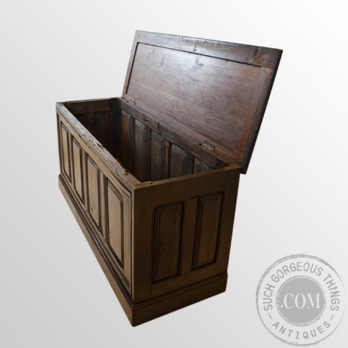 fig 2. Antique Large Oak Coffer English Four Panel Chest Country Trunk Box c1750