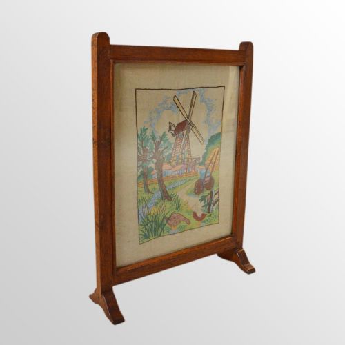 Antique Fire Screen Guard Oak Arts & Crafts Windmill Needlepoint Tapestry C1900