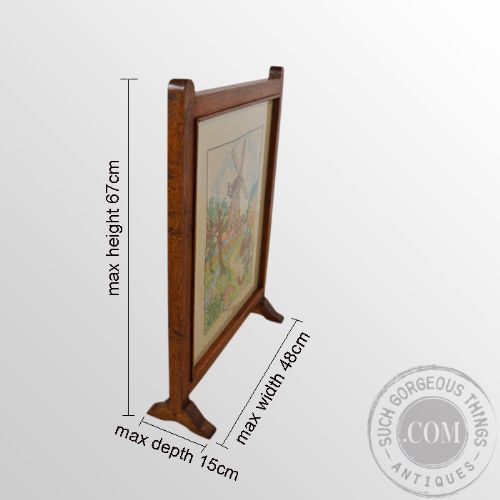 fig 1. Antique Fire Screen Guard Oak Arts & Crafts Windmill Needlepoint Tapestry c1900