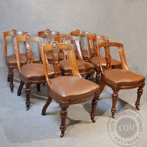 fig 2. Antique Set 8 Eight Quality Oak Dining Chairs English Victorian Aesthetic c1890