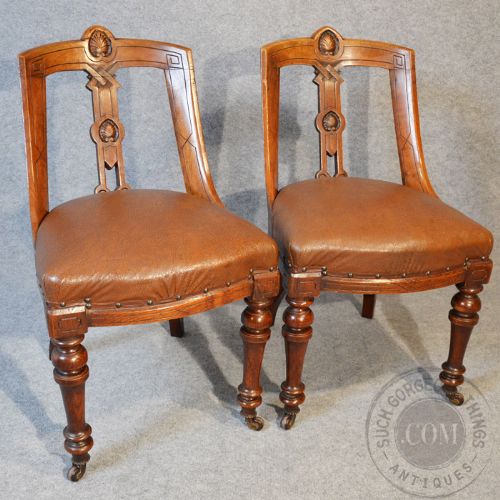 fig 3. Antique Set 8 Eight Quality Oak Dining Chairs English Victorian Aesthetic c1890