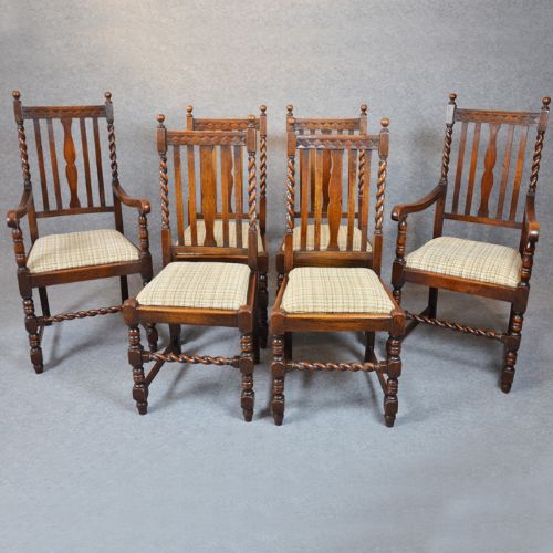 Antique Set 6 Six Quality English Oak Dining Chairs with Carvers Victorian C1890
