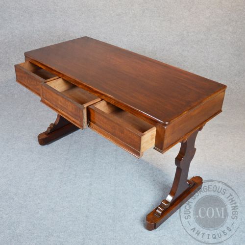 fig 3. Antique Desk Sofa Console Table English Victorian Mahogany Triple Drawer - c1860