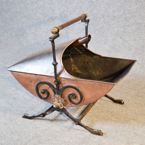 Antique Copper Log Bucket Coal Helmet Fire Scuttle Bin Art Nouveau Period C1900