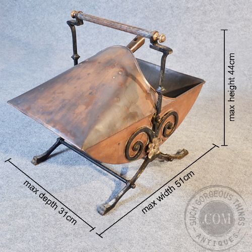 fig 1. Antique Copper Log Bucket Coal Helmet Fire Scuttle Bin Art Nouveau Period c1900
