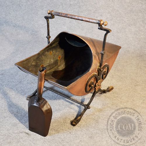 fig 2. Antique Copper Log Bucket Coal Helmet Fire Scuttle Bin Art Nouveau Period c1900
