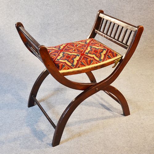 Antique Folding Dressing Stool Porters Hall X-frame Seat English Edwardian C1910