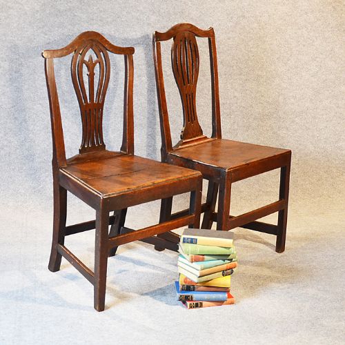 Antique Pair Georgian Oak Chairs Hepplewhite Chippendale Camel Back C1790