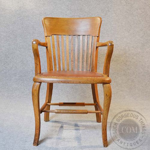 fig 2. Quality Oak Office Study Chair Vintage Antique Desk Armchair Leather Seat c1910